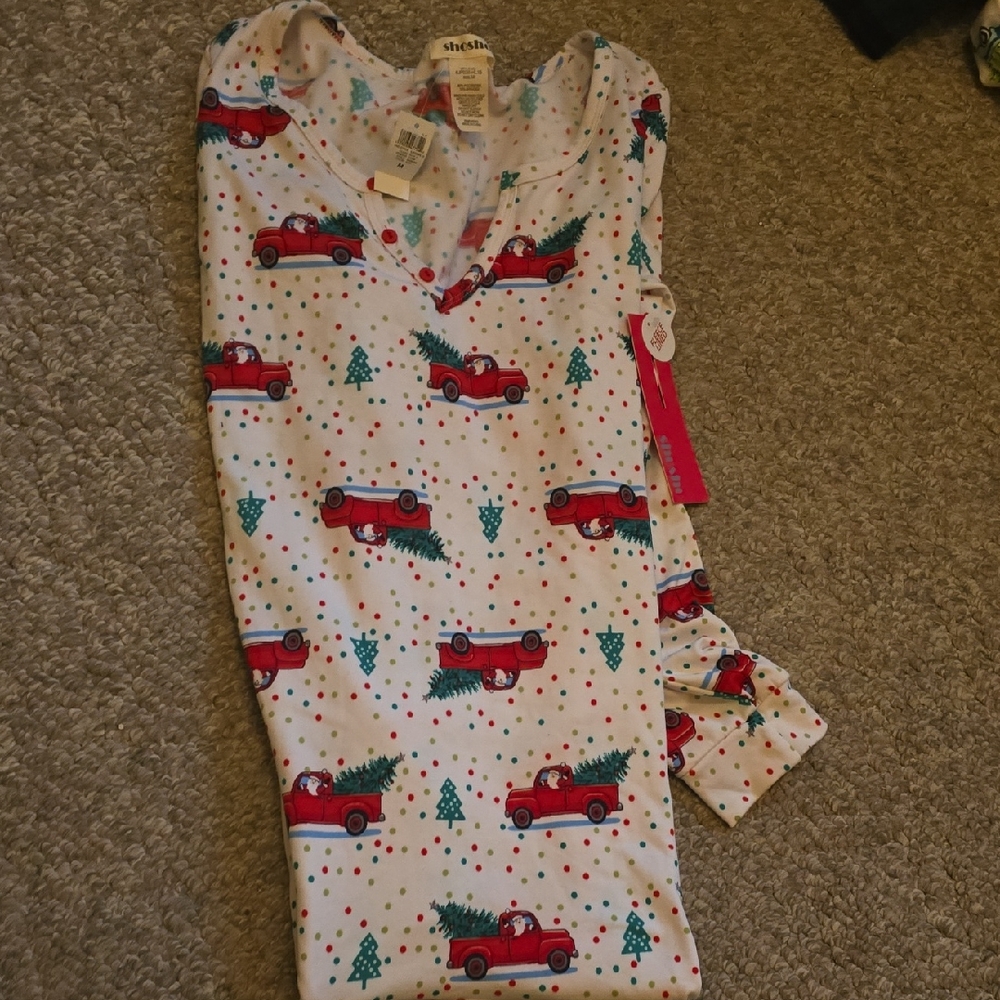 Holiday Pajama Onesie with Red Trucks and Green Accents